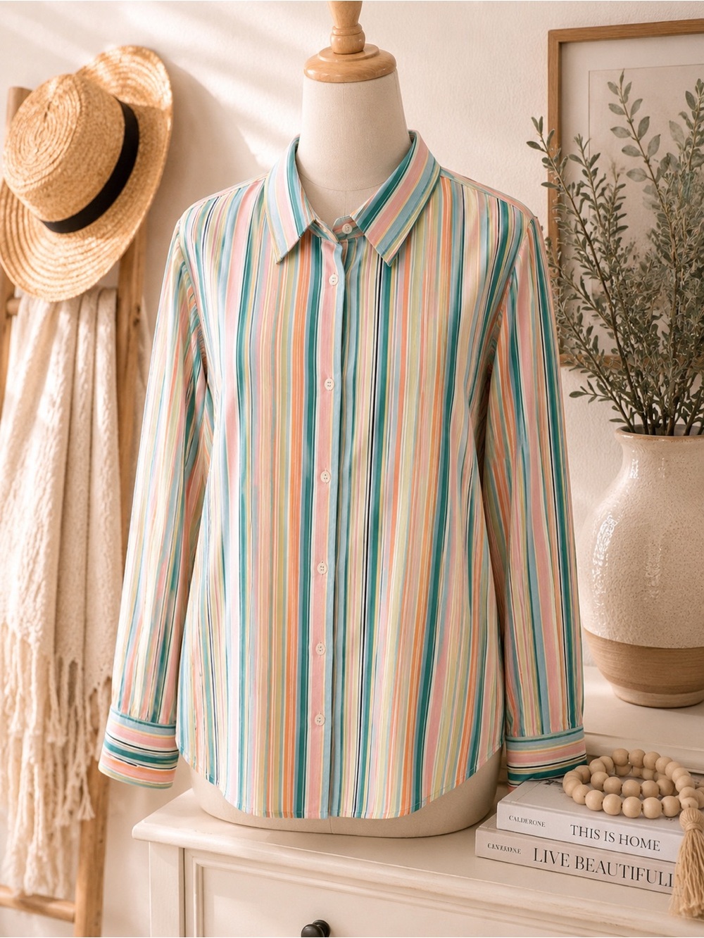 Ralph Lauren Womens XL Button Down Blouse Multicolor Stripe Classic Preppy Top